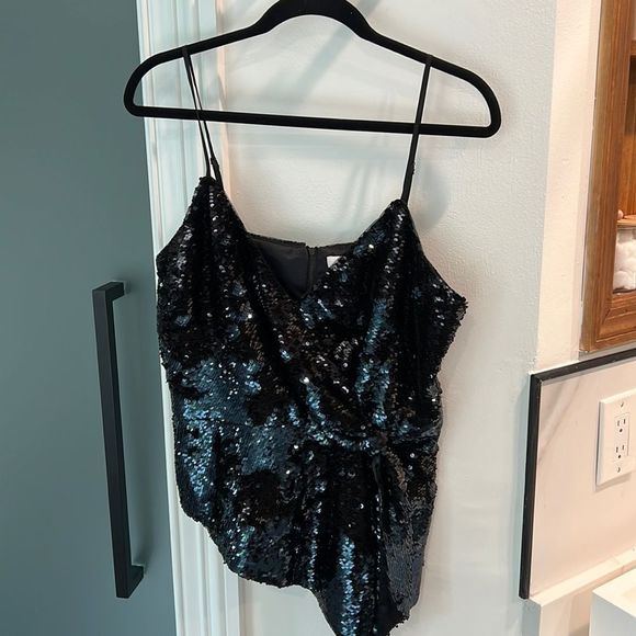 Parker Tops - Parker Navy Sequined Faux Wrap Top Size L